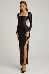 Pearl-Detail Cut-Out Maxi Dress in Black