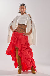 LETS CHANGE IT UP RUCHED MIDI SKIRT IN RED