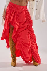LETS CHANGE IT UP RUCHED MIDI SKIRT IN RED