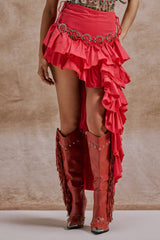 CLAIRE HIGH LOW RUFFLE SKIRT IN RED