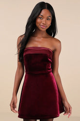 Captivating Admiration Burgundy Velvet Strapless Mini Dress