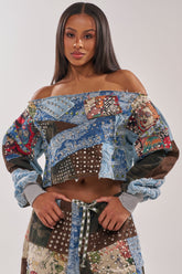 CALL ME CRAZY PATCHWORK OFF THE SHOULDER SWEATSHIRT