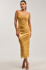 ESSENTIAL LACE TRIM SATIN SLEEVELESS MIDI DRESS IN GOLD