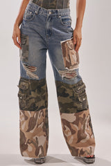 MIXED CAMO DENIM CARGO PANTS