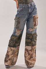 MIXED CAMO DENIM CARGO PANTS