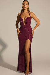 Embellished Halterneck Gown in Plum