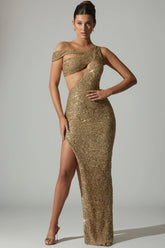 Embellished Asymmetric Cut-Out Gown in Gold