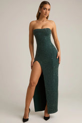Embellished Strapless Cowl-Neck Maxi Dress in Emerald Green