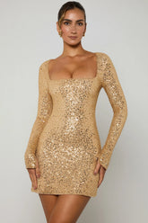 Embellished A-Line Mini Dress in Gold