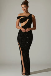 Embellished Asymmetric Cut-Out Gown in Black