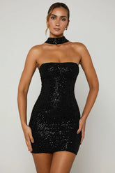 Embellished Scarf-Detail Mini Dress in Black