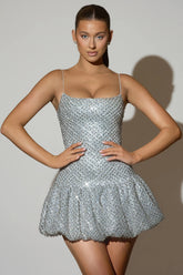 Embellished Bubble Hem Mini Dress in Silver