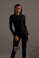 TWINKLING LIGHTS RHINESTONE LONG SLEEVE MESH BODYSUIT IN BLACK