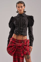 DAKOTA LACE UP BUTTON-DOWN BLOUSE IN BLACK