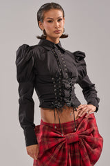 DAKOTA LACE UP BUTTON-DOWN BLOUSE IN BLACK