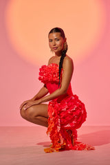 CITY LIGHTS RUFFLE MAXI DRESS IN RED OMBRE