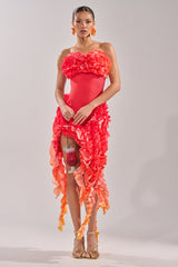 CITY LIGHTS RUFFLE MAXI DRESS IN RED OMBRE