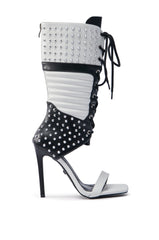 AZALEA WANG ALBERTO WHITEBLACK STUDDED OPEN TOE BOOT