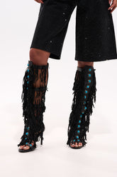 AZALEA WANG AMADEO BLACK FRINGE AND TURQUOISE GLADIATOR STILETTO SANDAL