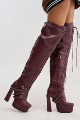 AKIRA GOLD BLITZEN BURGUNDY THIGH HIGH PLATFORM CROC BOOT
