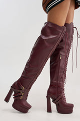 AKIRA GOLD BLITZEN BURGUNDY THIGH HIGH PLATFORM CROC BOOT