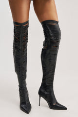 AZALEA WANG BOUDOIR BLACK STRETCH PU OVER THE KNEE CUT OUT BOOT