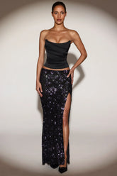 Embellished Mid-Rise Maxi Skirt in Black Purple