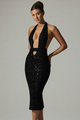 Embellished Cut-Out Open-Back Midaxi Dress in Black