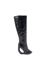 AZALEA WANG CAMILLA BLACK CROC OPEN TOE WEDGE BOOT