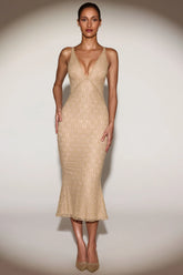 Metallic Lace Plunge Backless Midaxi Dress in Gold