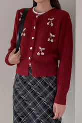 Embroidered 3D Cherry Knit Christmas Cardigan