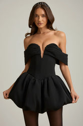 Off-Shoulder Layered Bubble Hem Corset Mini Dress in Black