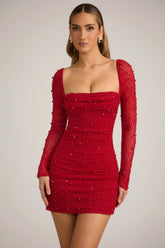 Embellished Cowl-Neck Draped Mini Dress in True Red