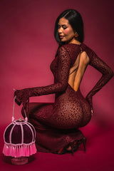MY GOOD SIDE LEOPARD MESH MAXI DRESS IN BURGUNDY