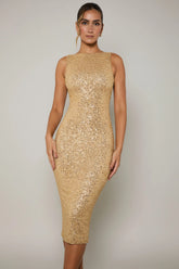 Embellished Open-Back Midaxi Dress in Gold