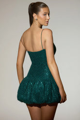 Embellished Bubble Hem Mini Dress in Teal Green