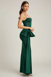 Bow-Detail Ruched Maxi Dress in Emerald Green