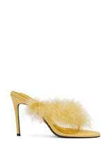 AKIRA FEMINISTA YELLOW FAUX SUEDE YELLOW FUR EMBELLISHED KITTEN HEEL SANDAL