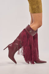 AZALEA WANG HEARTBEAT BURGUNDY FRINGE BOOT