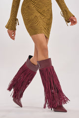 AZALEA WANG HEARTBEAT BURGUNDY FRINGE BOOT