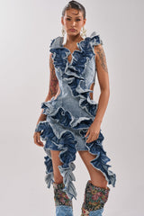 SAY IT AGAIN RUFFLED DENIM MINI DRESS