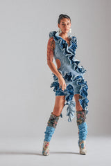 SAY IT AGAIN RUFFLED DENIM MINI DRESS