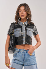 MIXED VIBES FAUX LEATHER SHORT SLEEVE BUTTON DOWN