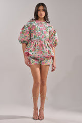 TEA TIME FLORAL BROCADE SHORT SLEEVE BLOUSE