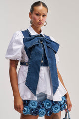 FAITH SHORT SLEEVE DARK BLUE DENIM TIE POPLIN BLOUSE