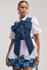 FAITH SHORT SLEEVE DARK BLUE DENIM TIE POPLIN BLOUSE