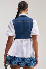 FAITH SHORT SLEEVE DARK BLUE DENIM TIE POPLIN BLOUSE