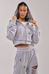 CROSSED OUT DISTRESSED ZIP UP SWEATSHIRT