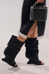 AZALEA WANG MARIN BLACK FAUX SUEDE WEDGE BOOTIE