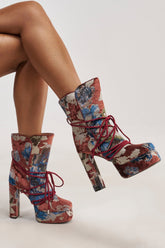 AKIRA GOLD MAYBE MULTI VELVET PRINT PLATFORM BOOTIE